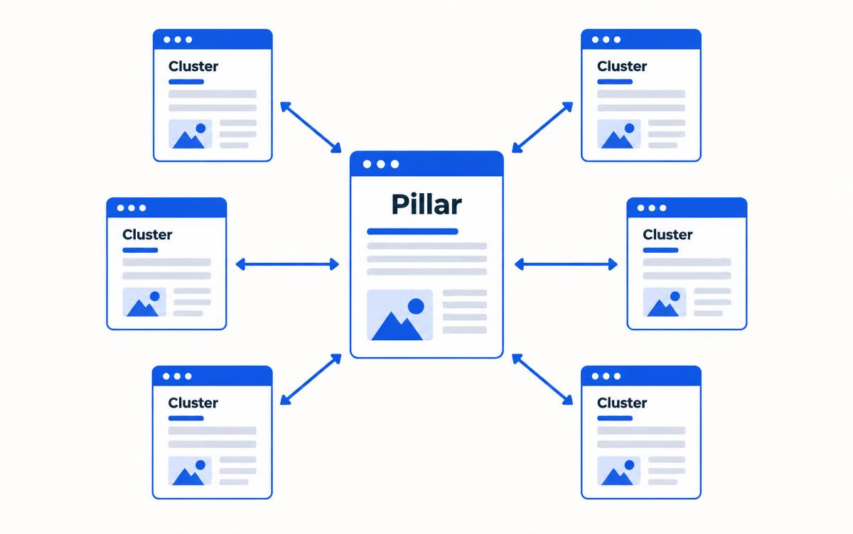 Pillar page linked to six supporting cluster articles with internal links