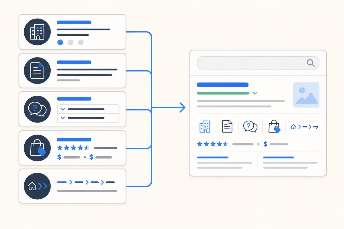 Diagram showing Organization, Article, FAQPage, Product and Breadcrumb structured data feeding into an enhanced search result