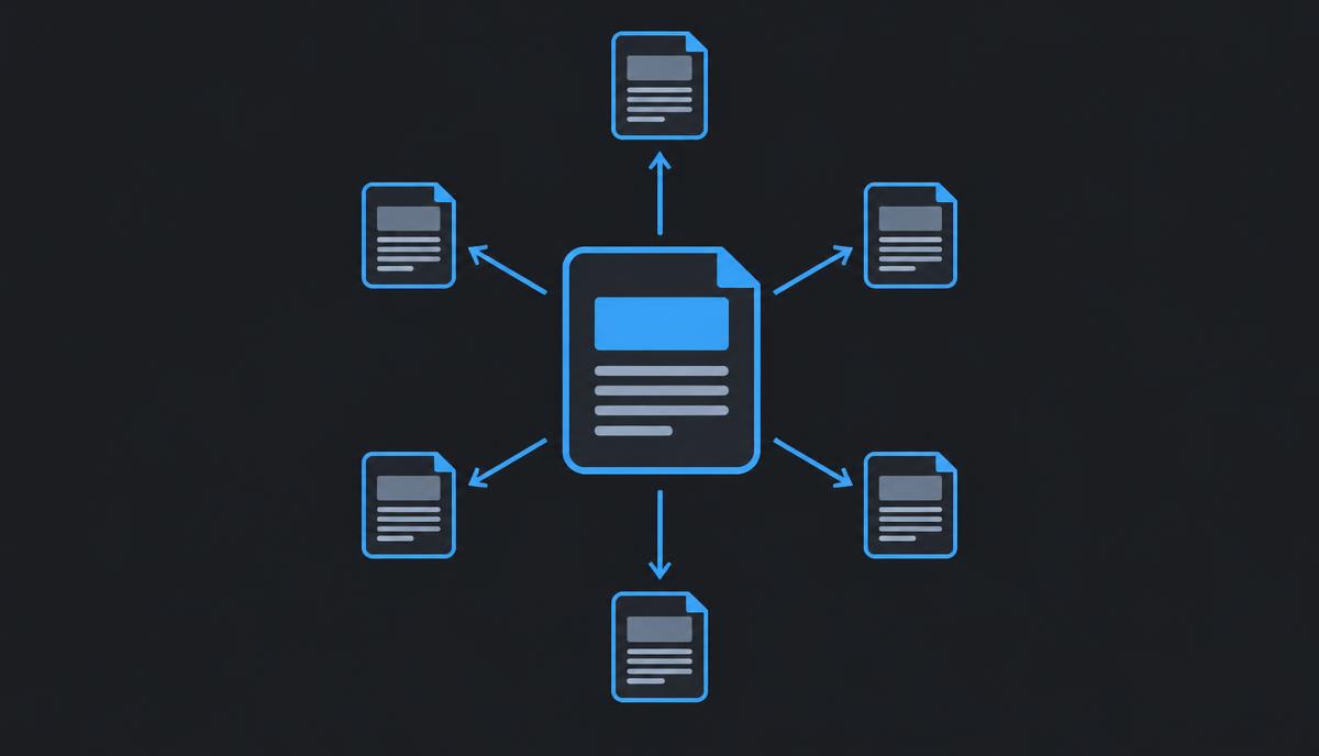 Diagram of a central pillar page linking out to six supporting cluster pages with arrows in both directions